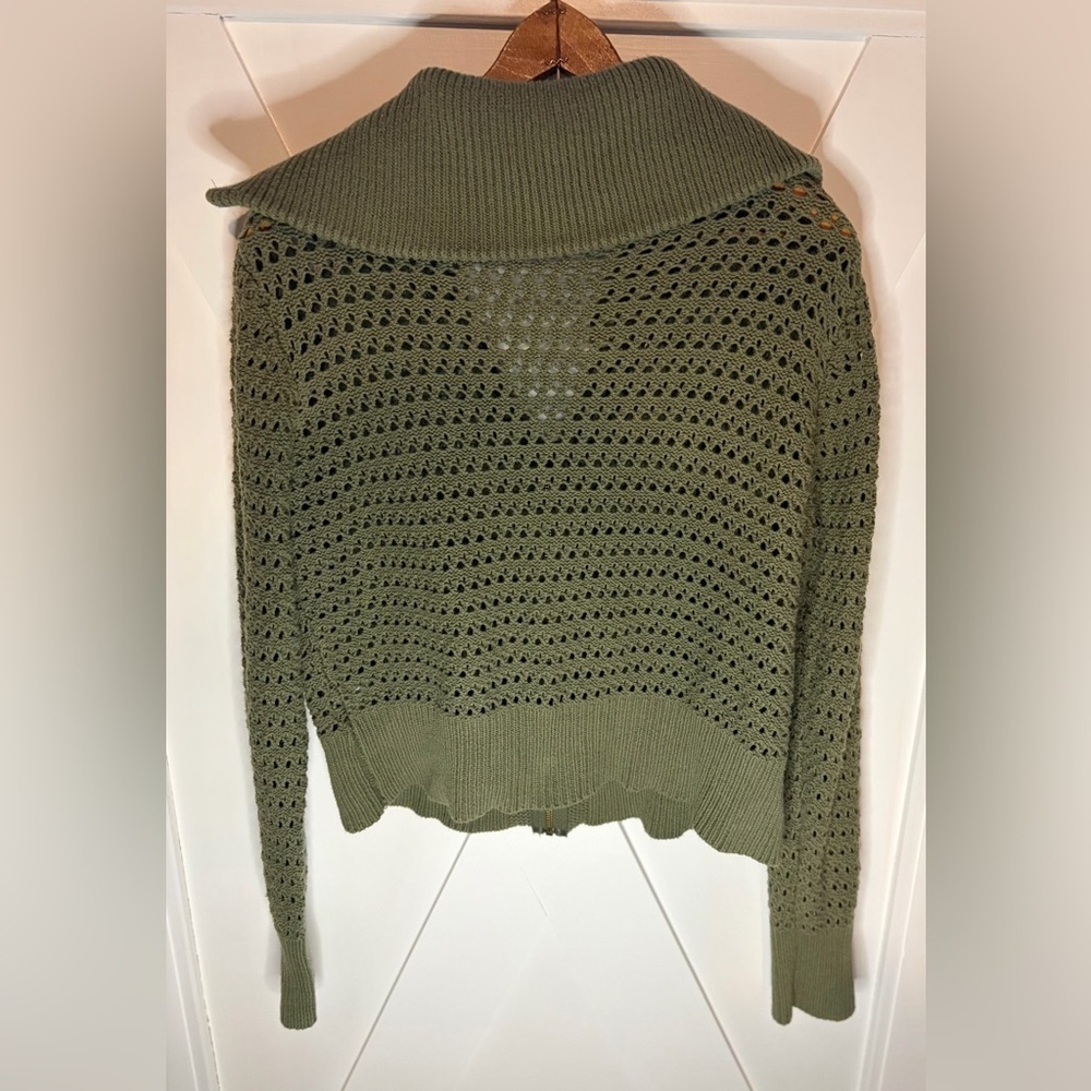 Doe and Rae Cherished Moment Open Knit Zip Up Cardigan Olive Size Large - Picture 7 of 9